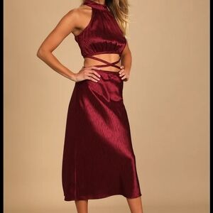 Lulus Fierce Vision Wine Red Jacquard Print Satin Cutout Midi Dress Sz M